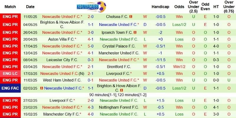 Thành tích mới nhất phía Newcastle
