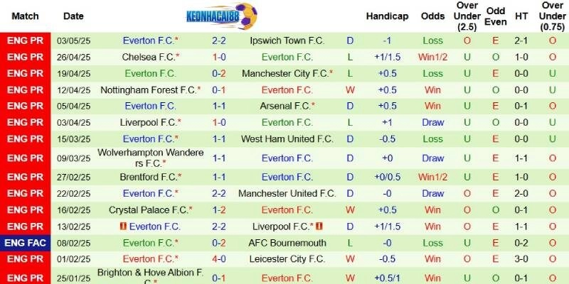 Thành tích mới nhất phía Everton